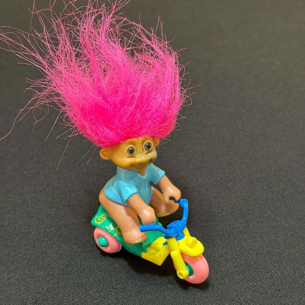 Vintage Troll Doll on Tricycle Pink Hair Blue Shirt
